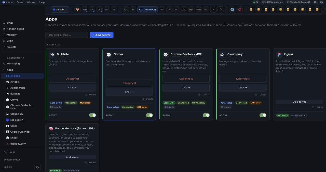 Vodou as an MCP server manager: apps, integrations and MCP servers connected once for every client