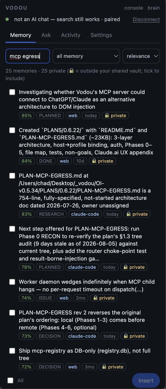 Claude Code memory search in the Vodou Console: FTS5 and vector results from a local SQLite database