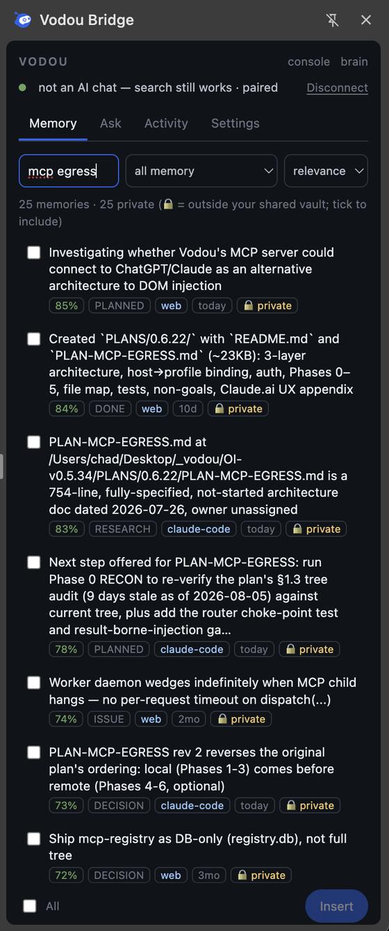 Vodou Bridge, the AI memory extension for Chrome, bringing local memory into an AI chat