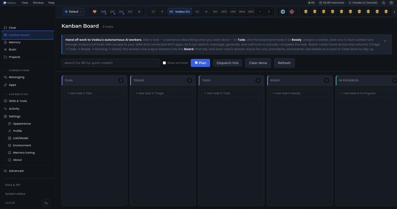 AI agent kanban board in Vodou: tasks worked by memory-loaded agents with budgets
