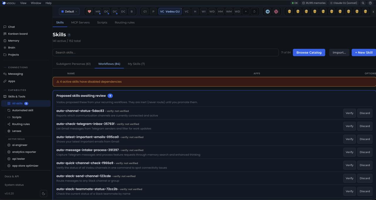 AI agent skills library in the Vodou Console: skills and tools you can toggle, run and edit